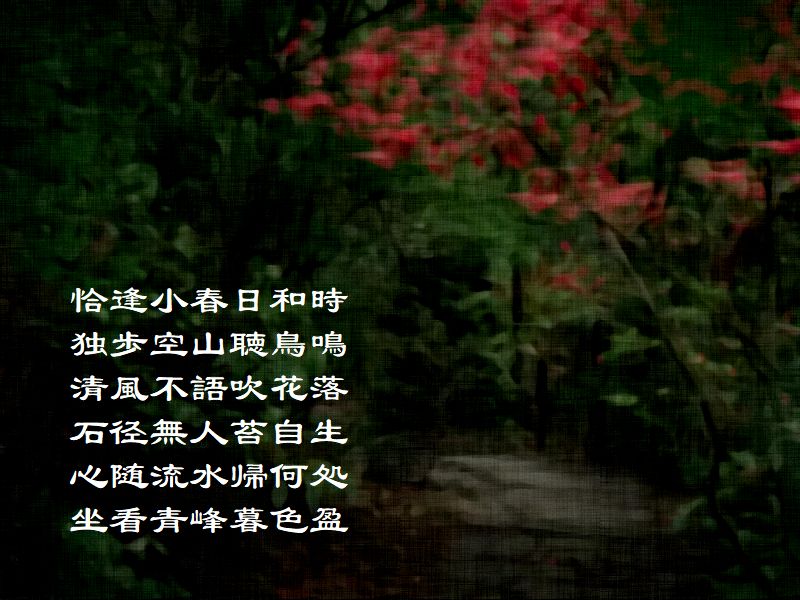 恰逢小春日和時，独歩空山聴鳥鳴，清風不語吹花落，石径無人苔自生，心随流水帰何処，坐看青峰暮色盈