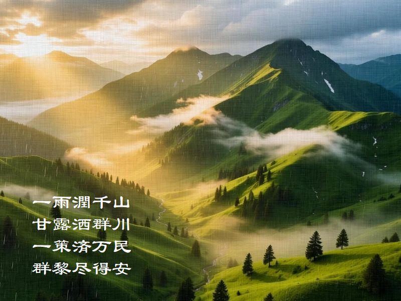 一雨潤千山，甘露洒群川，一策済万民，群黎尽得安