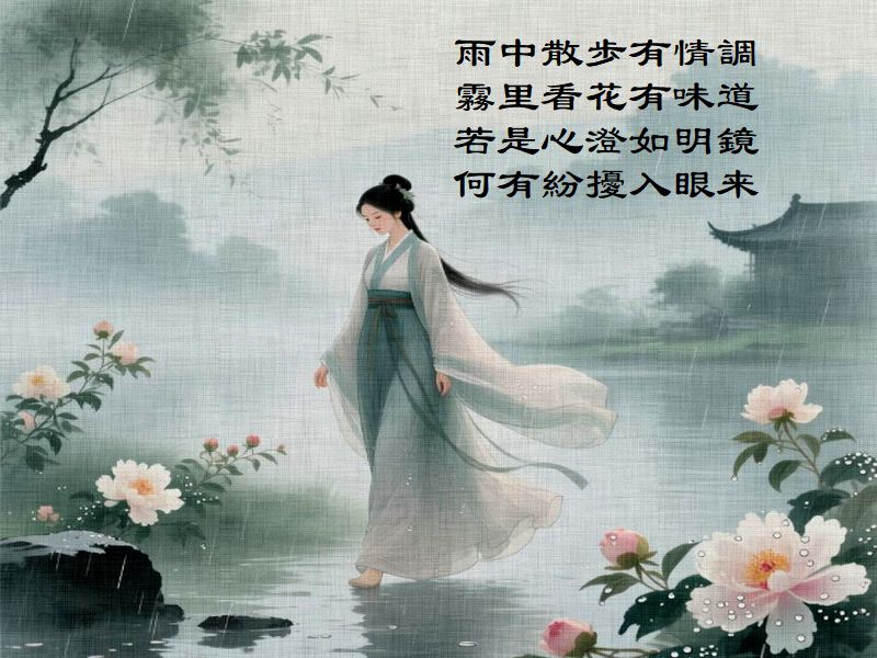 雨中散歩有情調，霧里看花有味道，若是心澄如明鏡，何有紛擾入眼来