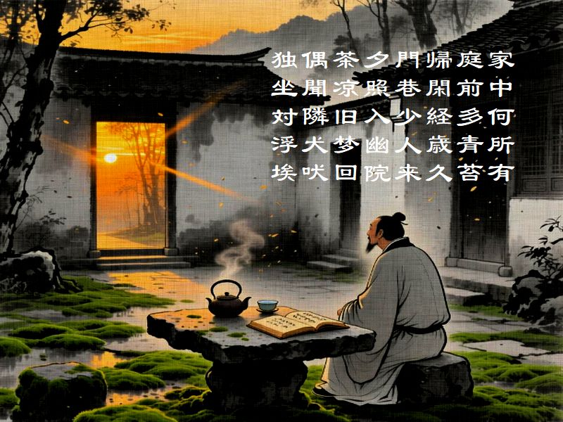 家中何所有，庭前多青苔，帰閑経歳久，門巷少人来，夕照入幽院，茶凉旧梦回，偶聞隣犬吠，独坐対浮埃