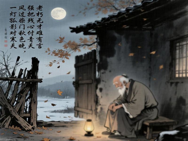 老朽无才難有言，強把残心付青天，風過柴門秋色晩，一灯孤影対寒天