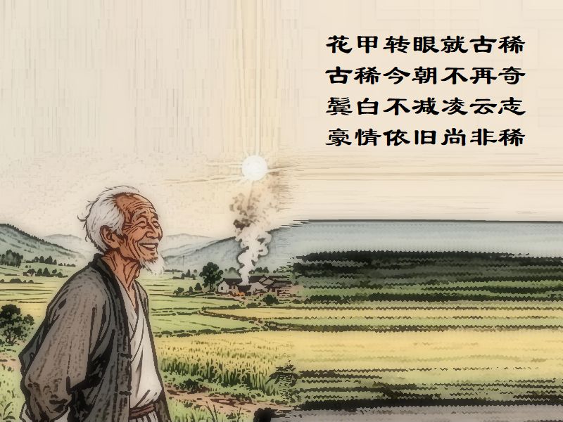 花甲転眼就古稀，古稀今朝不再奇，鬢白不減凌雲志，豪情依旧尚非稀