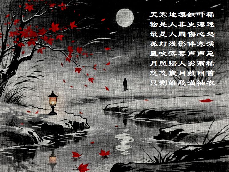 天寒地凍紅叶稀，物是人非更淒迷，最是人間傷心処，孤灯残影伴寒渓，風吹落葉声声急，月照帰人影漸稀，悠悠歳月難回首，只剰離愁満袖衣