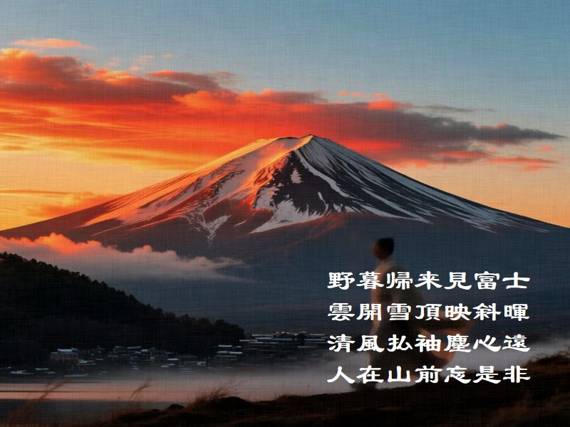 野暮帰来見富士，雲開雪頂映斜暉，清風払袖塵心遠，人在山前忘是非