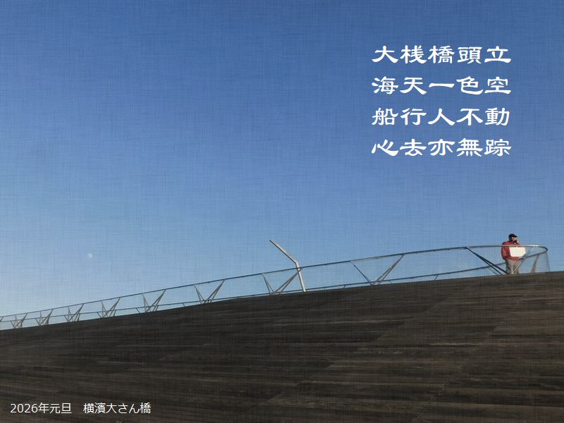 大桟橋頭立，海天一色空，船行人不動，心去亦無踪