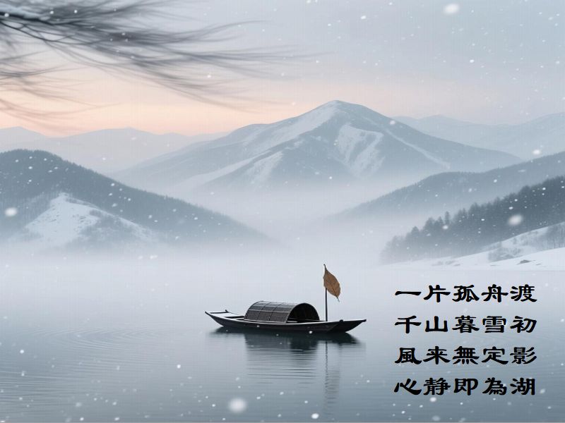 一片孤舟渡，千山暮雪初，風来無定影，心静即為湖