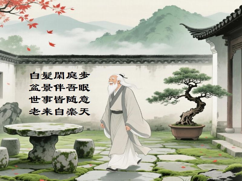 白髪閑庭歩，盆景伴吾眠，世事皆随意，老来自楽天