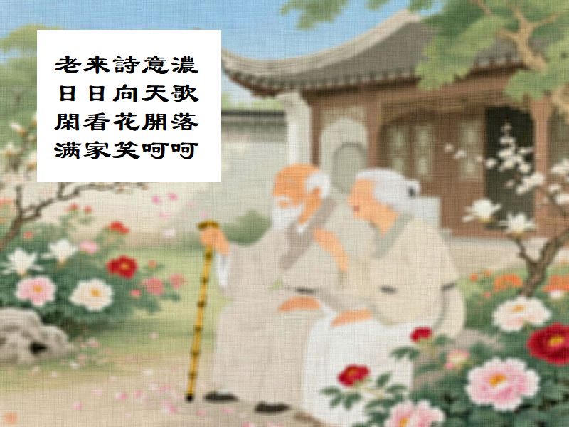 老来詩意濃，日日向天歌，閑看花開落，满家笑呵呵