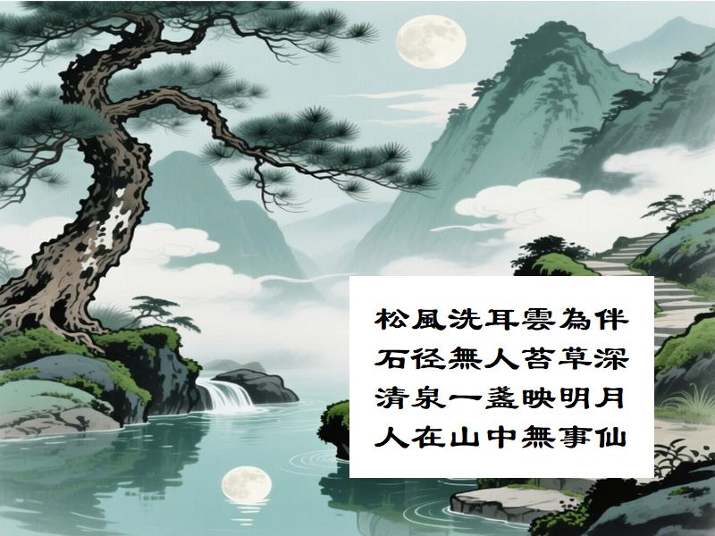 松風洗耳雲為伴，石径無人苔草深，清泉一盞映明月，人在山中無事仙