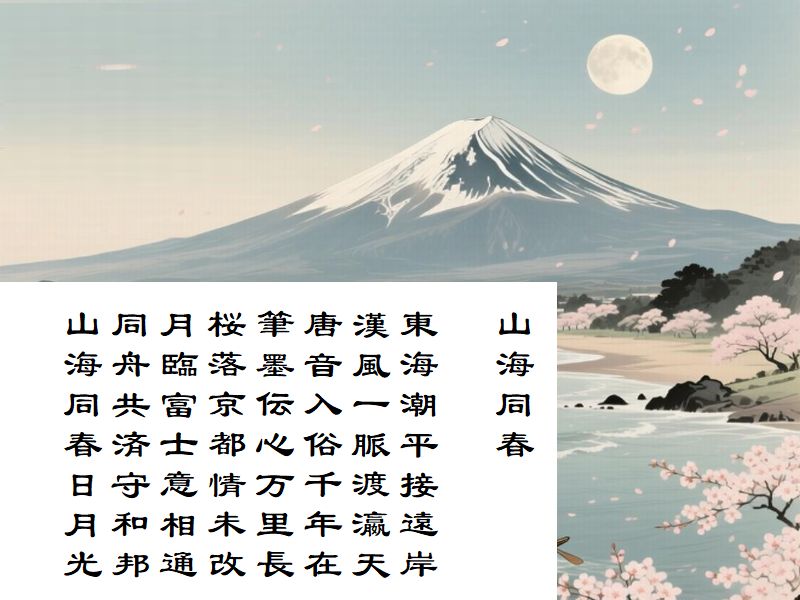 東海潮平接遠岸,漢風一脈渡瀛天,唐音入俗千年在,筆墨伝心万里長,桜落京都情未改,月臨富士意相通,同舟共済守和邦,山海同春日月光