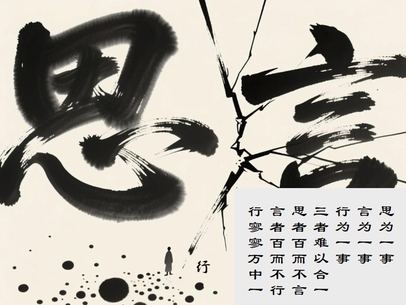 思为一事,言为一事,行为一事,三者难以合一,思者百而不言,言者百而不行,行寥寥万中一