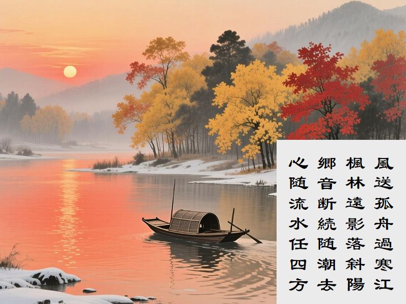 風送孤舟過寒江,楓林遠影落斜陽,郷音断続随潮去,心随流水任四方