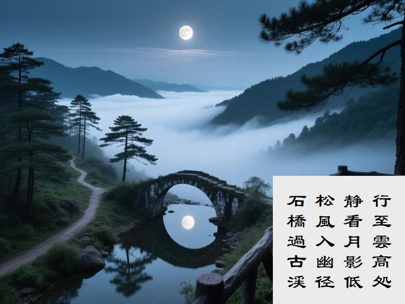 行至雲高処,静看月影低,松風入幽径,石橋過古渓
