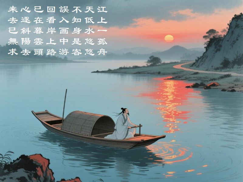 江上一孤舟,天低水悠悠,不知身是客,誤入画中游,回看岸上路,已在暮雲頭,心逐斜陽去,来去已無求