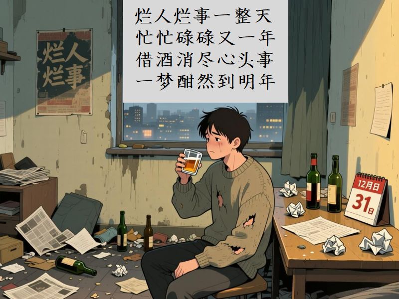 爛人爛事一整天,忙忙碌碌又一年,借酒消尽心頭事,一梦酣然到明年