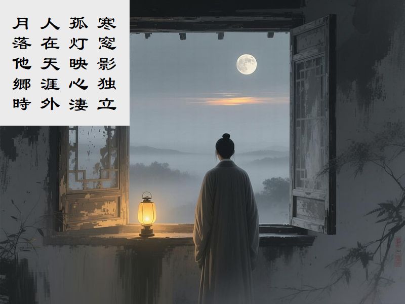 寒窓影独立,孤灯映心淒,人在天涯外,月落他郷時