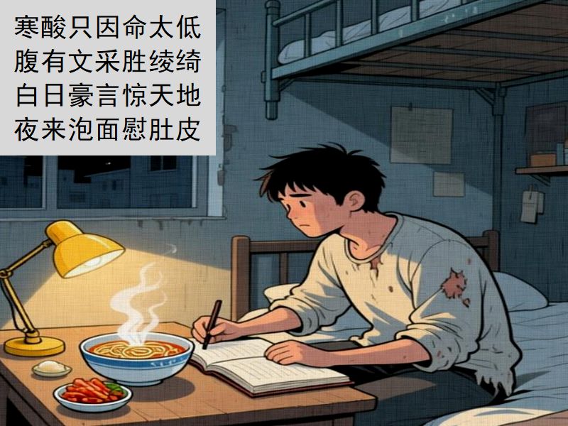 寒酸只因命太低,腹有文採勝綾綺,白日豪言驚天地,夜来泡面慰肚皮