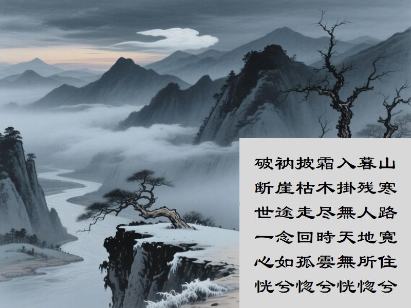 破衲披霜入暮山,断崖枯木掛残寒,世途走尽無人路,一念回時天地寛,心如孤雲無所住,恍兮惚兮恍惚兮