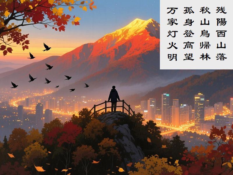 残陽西山落,秋山鳥帰林,孤身登高望,万家灯火明