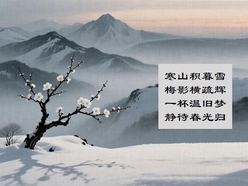 寒山積暮雪,梅影横疏輝,一杯温旧梦,静待春光帰