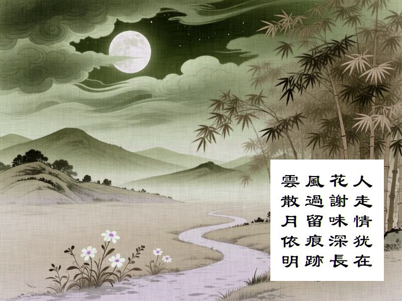 人走情犹在,花謝味深長,風過留痕跡,雲散月依明