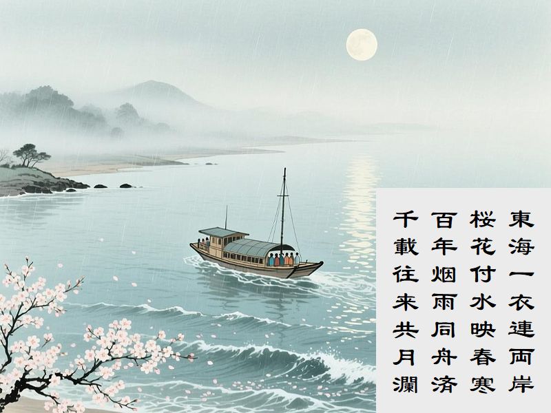 東海一衣連両岸,桜花付水映春寒,百年烟雨同舟済,千載往来共月瀾