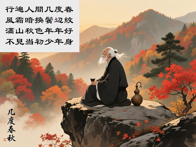 行遍人間几度春,風霜暗換鬢辺紋,満山秋色年年好,不見当初少年身