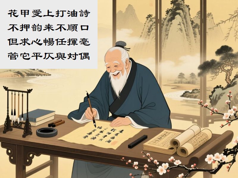 花甲愛上打油詩,不押韵来不順口,但求心暢任揮毫,管它平仄與対偶