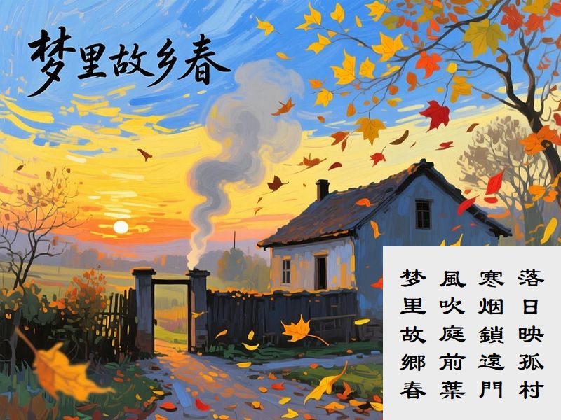 落日映孤村,寒烟鎖遠門,風吹庭前葉,梦里故郷春