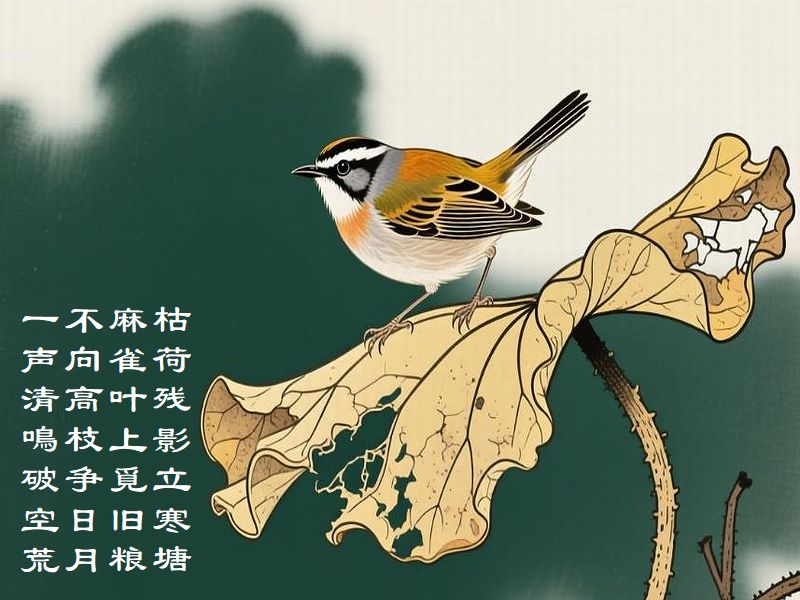 枯荷残影立寒塘,麻雀叶上覓旧粮,不向高枝争日月,一声清鳴破空荒