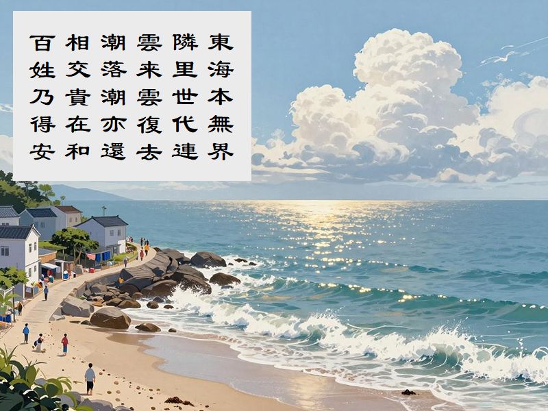 東海本無界,隣里世代連,雲来雲復去,潮落潮亦還,相交貴在和,百姓乃得安