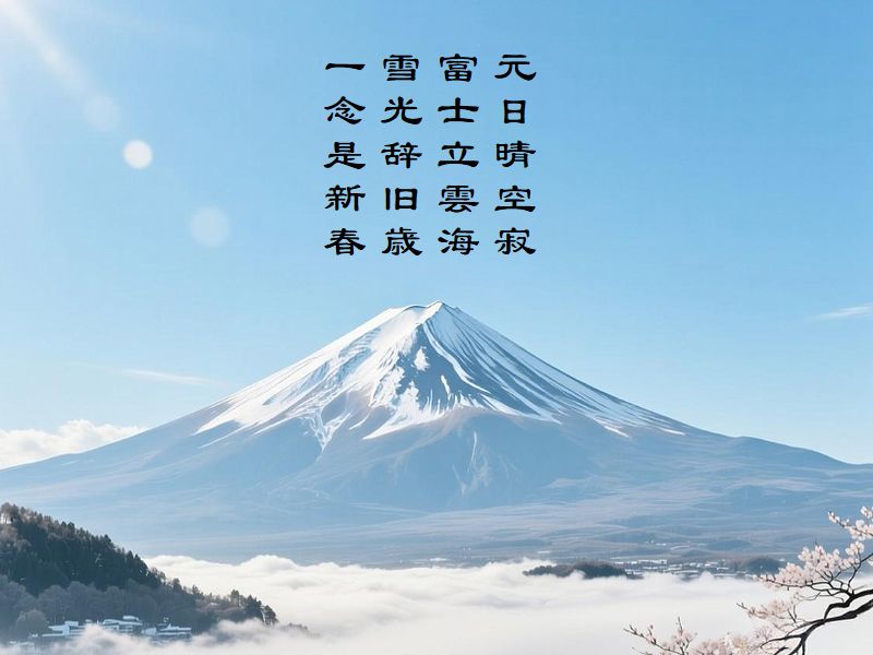 元日晴空寂,富士立雲海,雪光辞旧歳,一念是新春