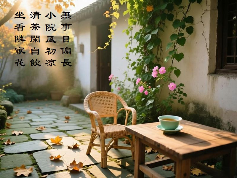 無事日偏長,小院風初凉,清茶閑自飲,坐看隣家花