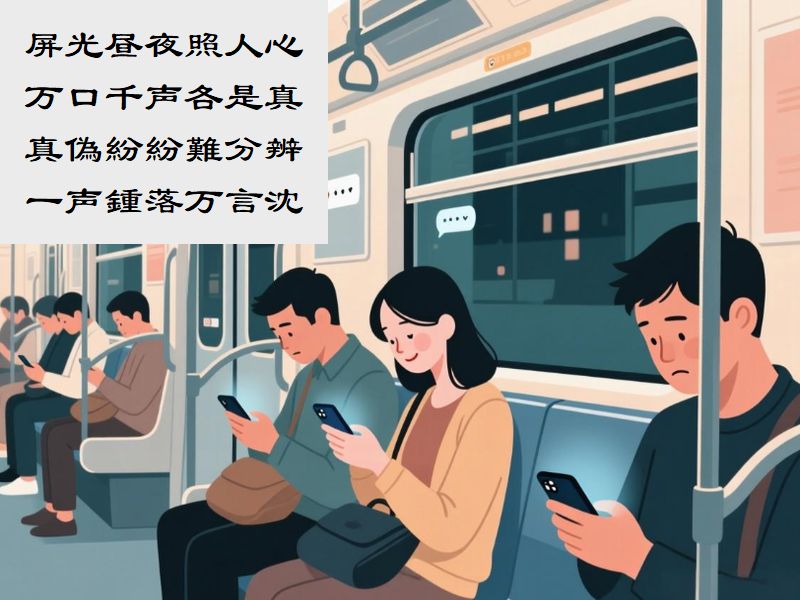 屏光昼夜照人心,万口千声各是真,真偽紛紛難分辨,一声鍾落万言沈