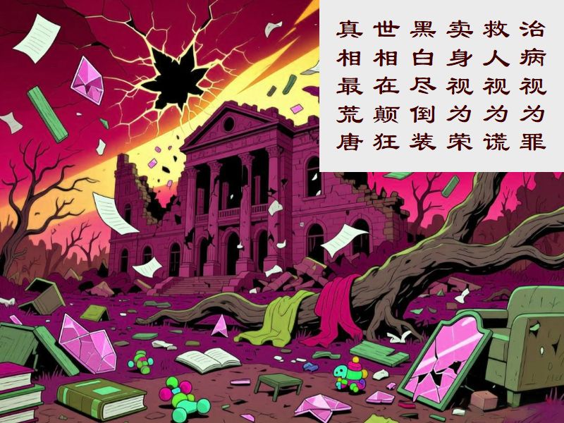 治病視為罪,救人視為謊,売身視為栄,黒白尽倒装,世相在顛狂,真相最荒唐