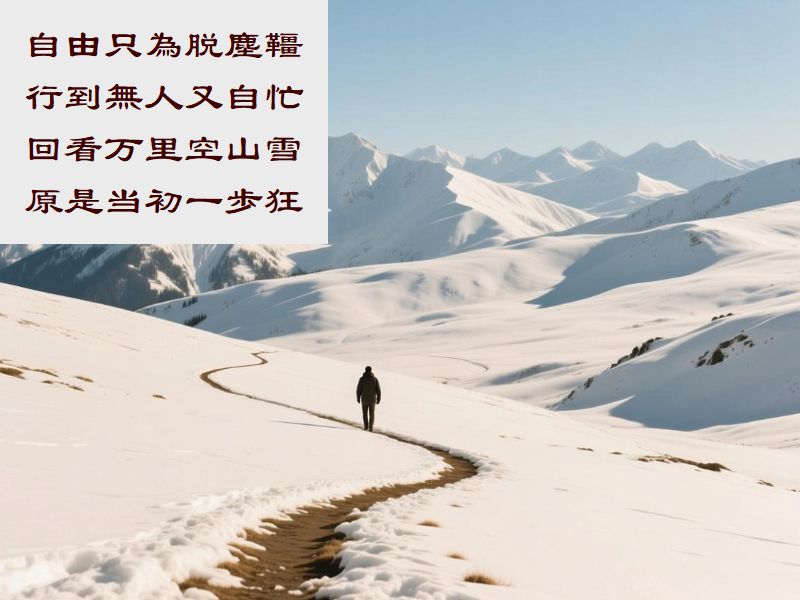 自由只為脱塵韁,行到無人又自忙,回看万里空山雪,原是当初一歩狂