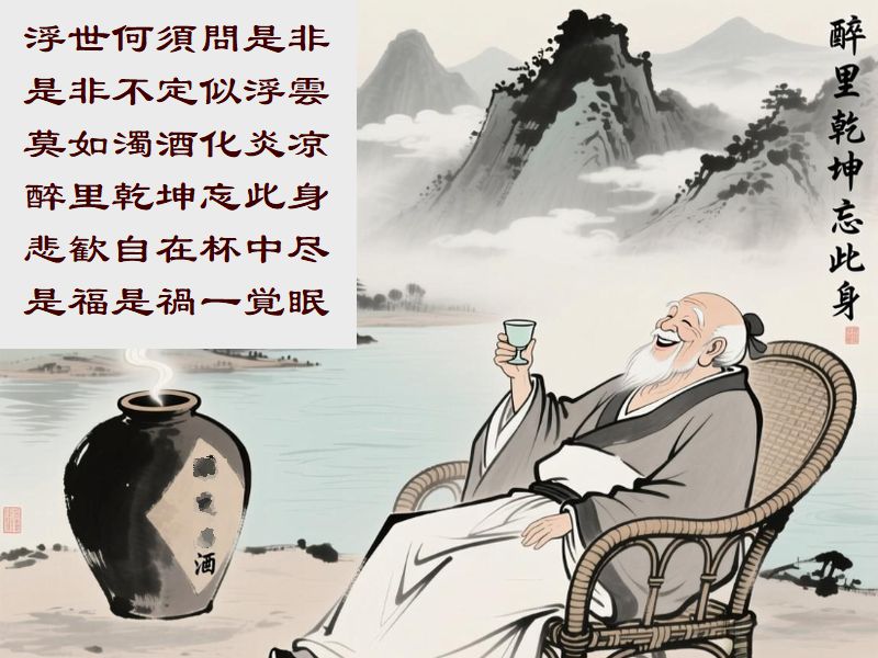 浮世何須問是非,是非不定似浮雲,莫如濁酒化炎凉,醉里乾坤忘此身,悲歓自在杯中尽,是福是禍一覚眠