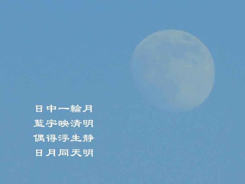 日中一輪月,藍宇映清明,偶得浮生静,日月同天明