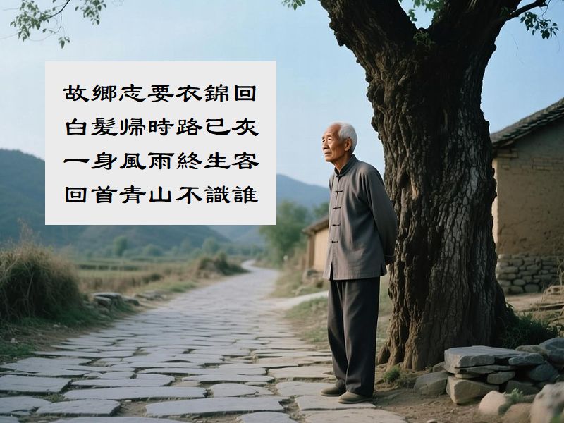 故郷志要衣錦回,白髪帰時路已灰,一身風雨終生客,回首青山不識誰