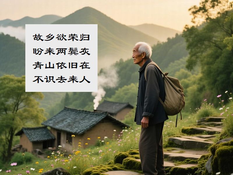 故乡欲荣归,盼来两鬓灰,青山依旧在,不识去来人