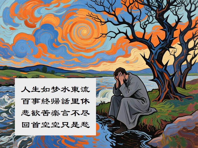 人生如梦水東流,百事終帰話里休,悲歓苦楽言不尽,回首空空只是愁