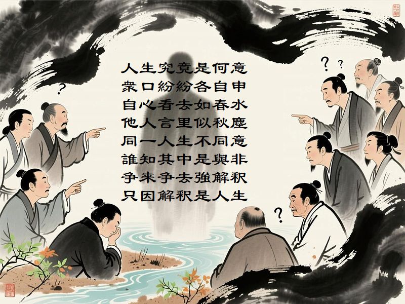 人生究竟是何意,衆口紛紛各自申,自心看去如春水,他人言里似秋塵,同一人生不同意,誰知其中是與非,争来争去強解釈,只因解釈是人生