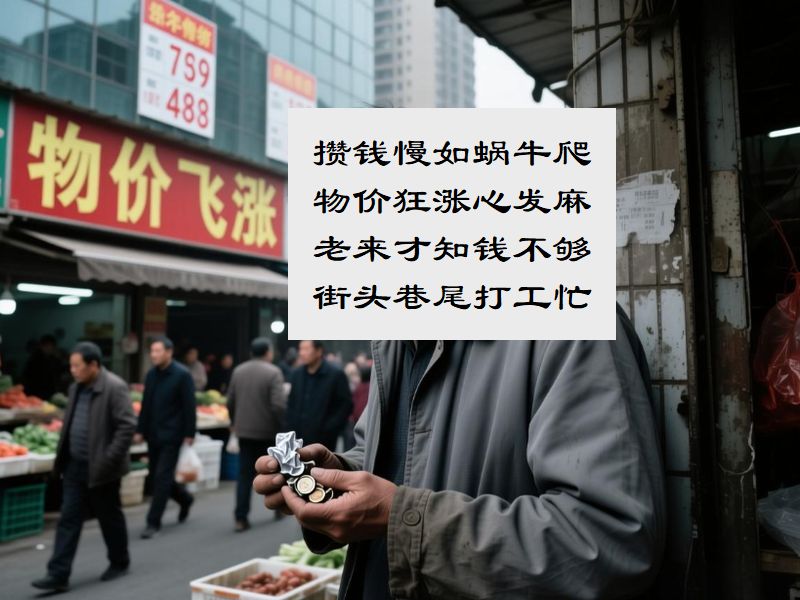 攅銭慢如蝸牛爬,物価狂漲心発麻,老来才知銭不够,街頭巷尾打工忙