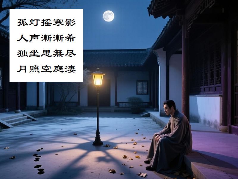 孤灯揺寒影,人声漸漸希,独坐思無尽,月照空庭淒