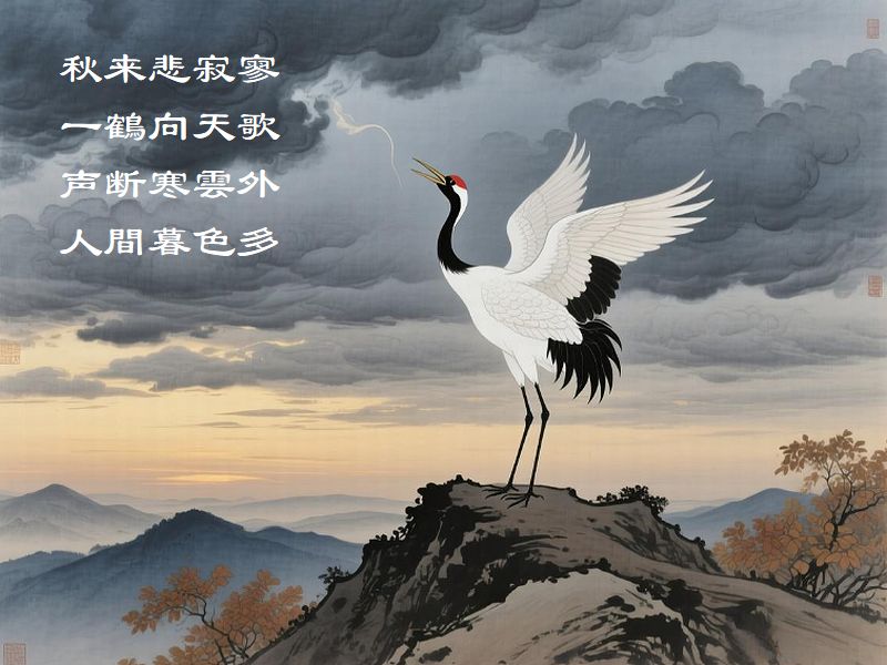秋来悲寂寥,一鶴向天歌,声断寒雲外,人間暮色多