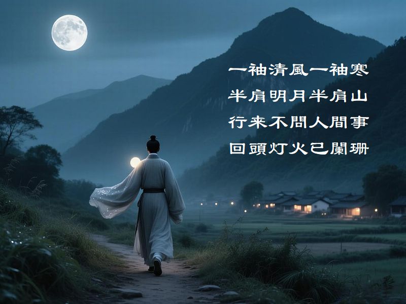 一袖清風一袖寒,半肩明月半肩山,行来不問人間事,回頭灯火已闌珊