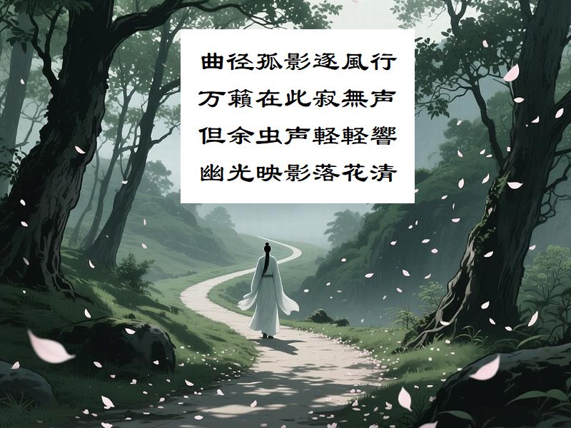 曲径孤影逐風行,万籟在此寂無声,但余虫声軽軽響,幽光映影落花清