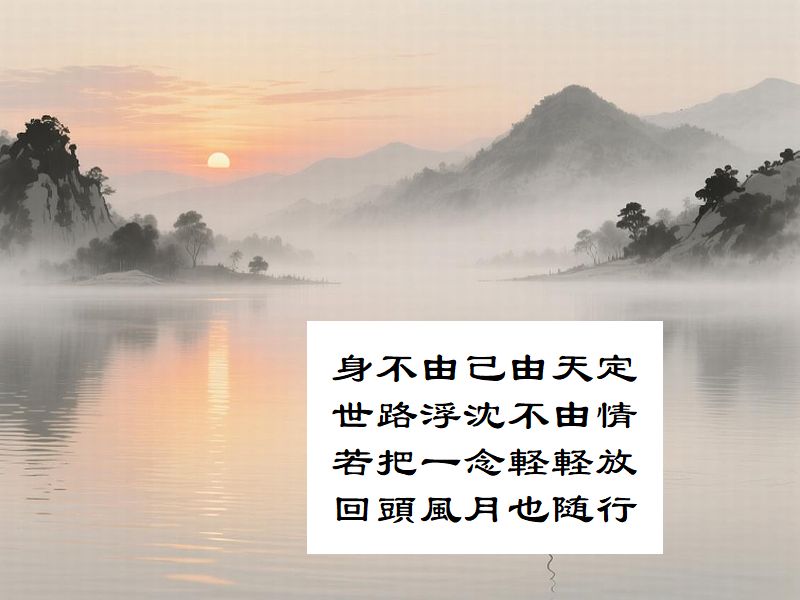 身不由己由天定,世路浮沈不由情,若把一念軽軽放,回頭風月也随行