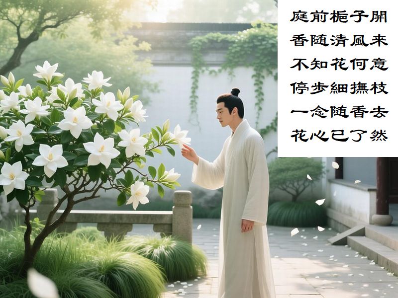 庭前梔子開,香随清風来,不知花何意,停歩細撫枝,一念随香去,花心已了然