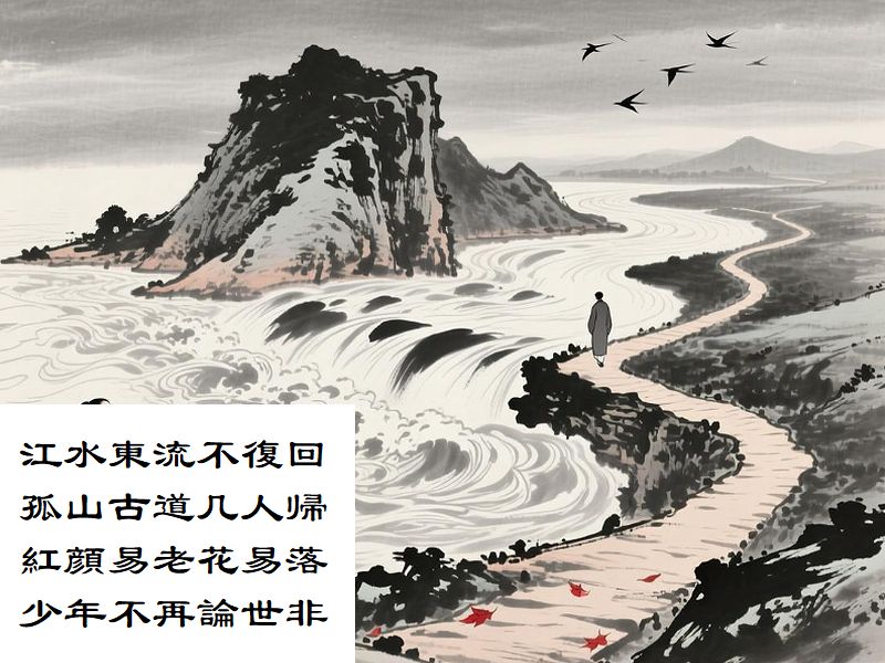 江水東流不復回,孤山古道几人帰,紅顔易老花易落,少年不再論世非